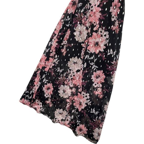 Eliza J Dress Womens 6 Black Pink Floral Maxi Wrap Chiffon Metallic Wimsigoth - Picture 12 of 16